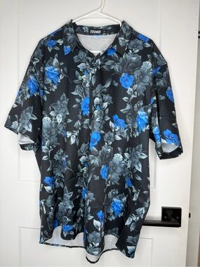 Men's Black Button-Down Shirt with Blue Floral Print